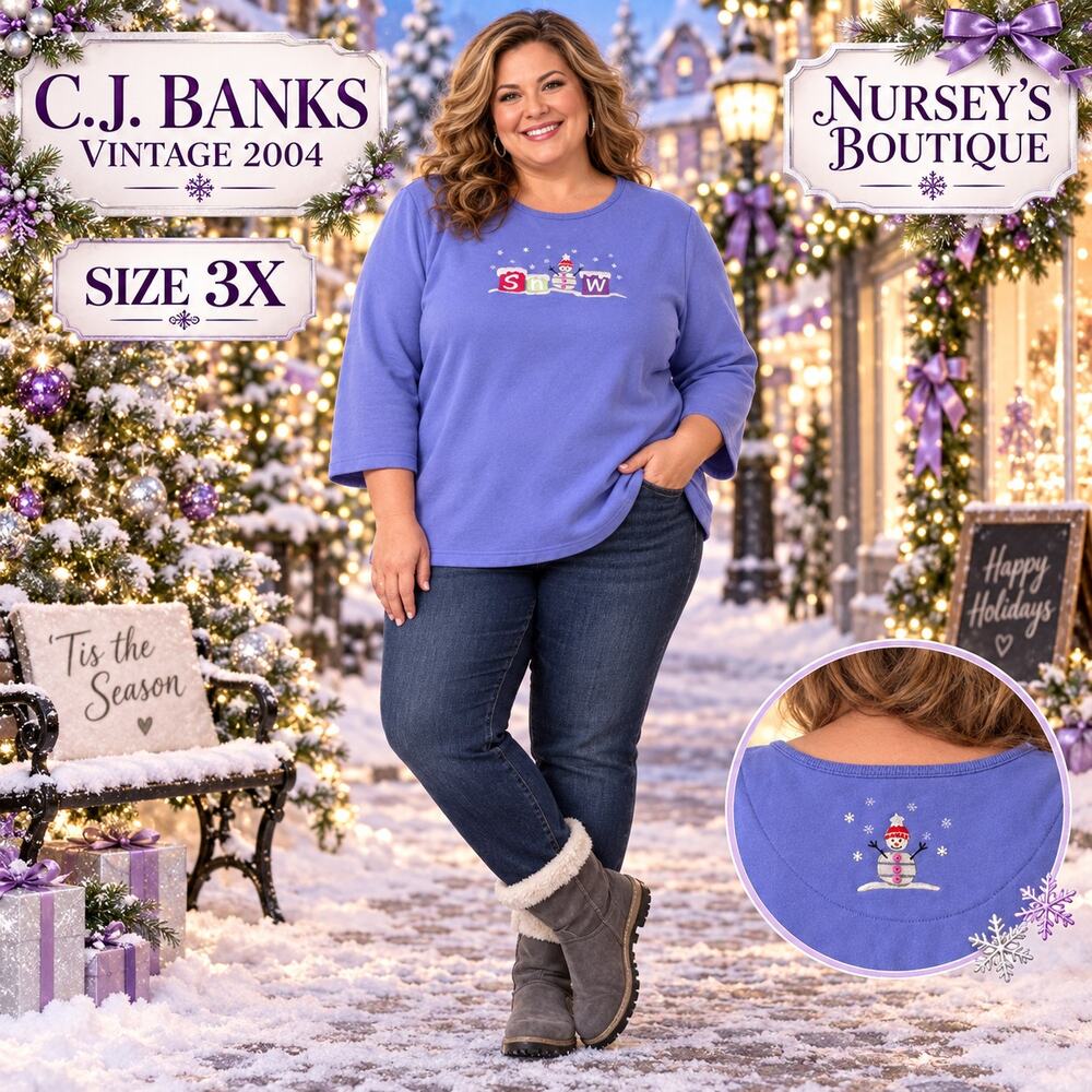 Vintage 2004 CJ Banks 3X Purple Snowman Embroidered Christmas Top